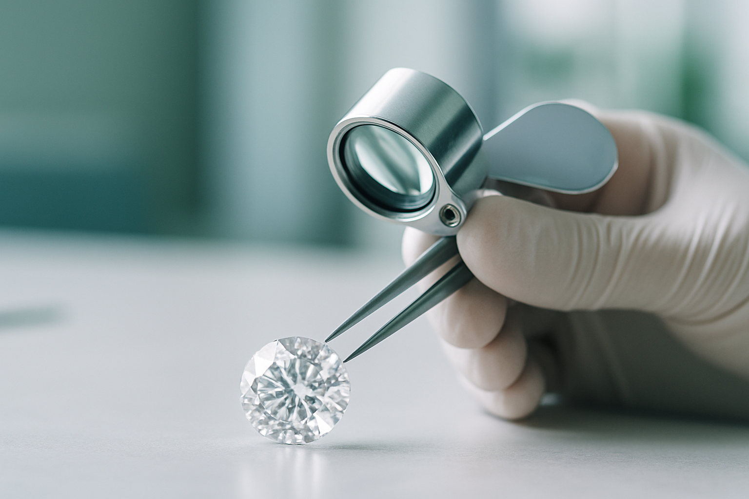Diamant de laboratoire examiné avec une loupe de bijoutier